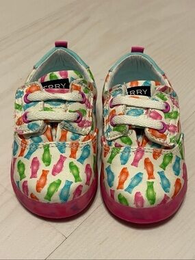 Sperry White Baby Sneakers with Pink, Green, Blue & Orange Fish Pattern